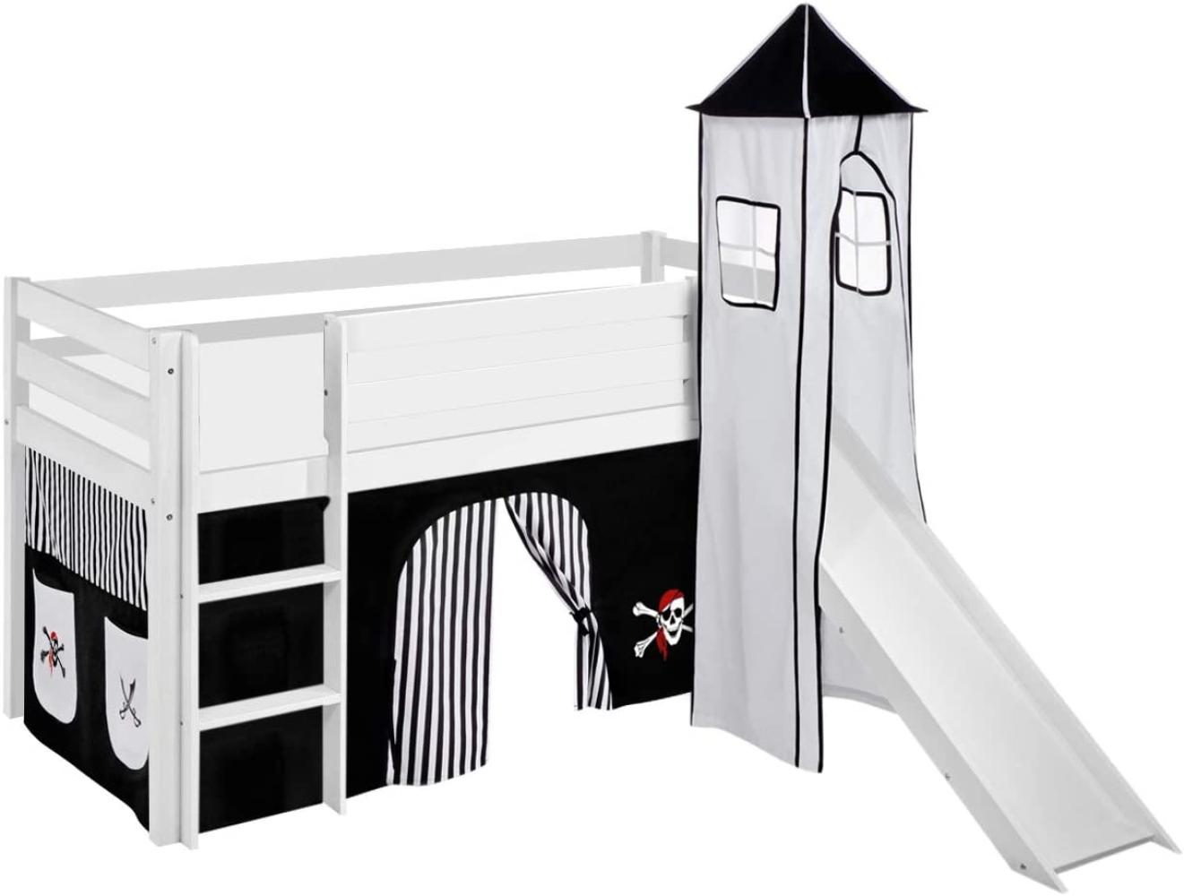 Lilokids 'Jelle' Spielbett 90 x 200 cm, Pirat Schwarz Weiß, Kiefer massiv, mit Turm, Rutsche und Vorhang Bild 1