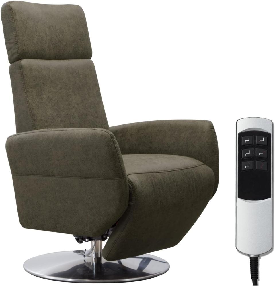 Cavadore TV-Sessel Cobra / Fernsehsessel mit 2 E-Motoren und Akku / Relaxfunktion, Liegefunktion / Ergonomie L / 71 x 112 x 82 / Lederoptik Olive Bild 1