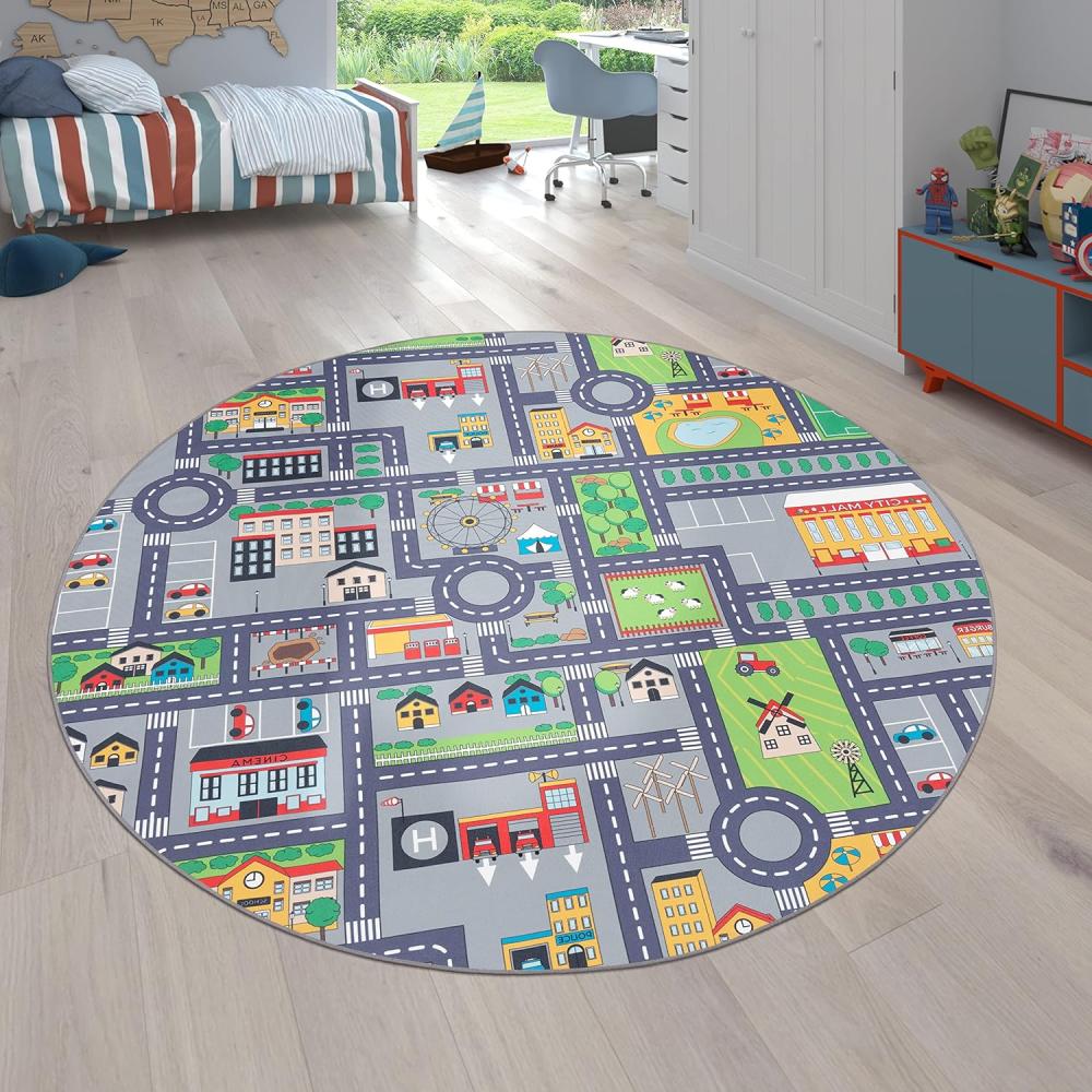 Paco Home Teppich Kinderzimmer Grau Kinderteppich Spielteppich Straßenteppich rutschfest Mädchen Jungs, Grösse:200 cm Rund, Farbe:Grau 3 Bild 1