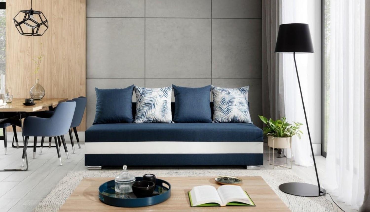 Designer Sofa Carina mit Schlaffunktion und Stauraum Blau/Weiß Bild 1