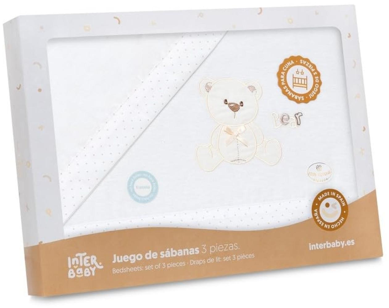 INTERBABY · Flanell Bettlaken-Set für Babybett, Oso Lazo" weiß beige · 100% Baumwolle · 3- Teilig Winter -Bettwäsche-Set für Babywiege Bild 1