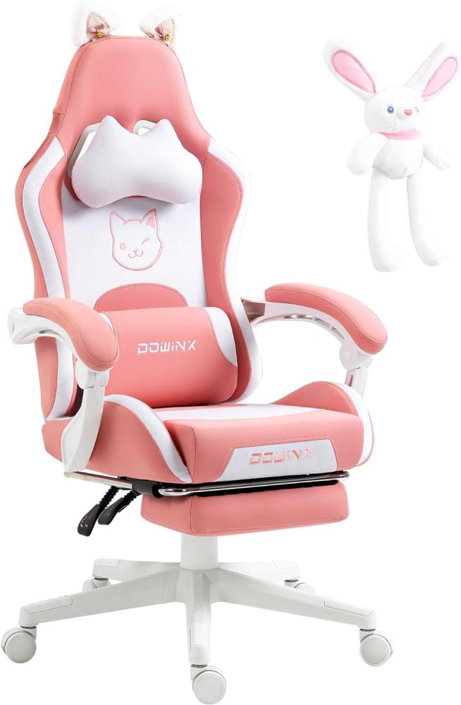 Dowinx Gaming Stuhl - Süße Katze Edition - Ergonomischer Computerstuhl mit Hoher Rückenlehne und Lendenwirbelstütze, PU-Leder, Fußstütze,Rosa Bild 1