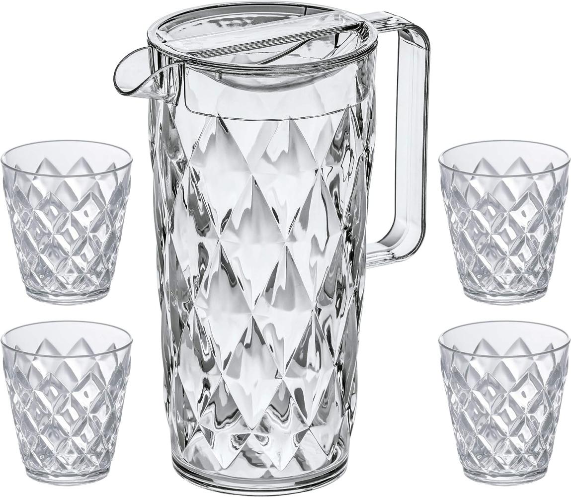 Koziol Crystal Kanne mit 4 Becher, Trinkkanne, Trinkbecher, Wasserbecher, Saftkanne, Kunststoff, Crystal Clear, 1. 6 L, 4007535 Bild 1
