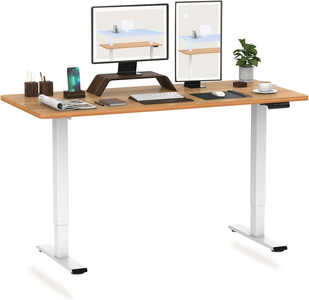 Flexispot Hemera Höhenverstellbarer Schreibtisch (180 x 80 cm), mit Memory-Steuerung und Softstart/-Stop& integriertes Anti-Kollisionssystem, Weiß Gestell + Ahorn Tischplatte Bild 1