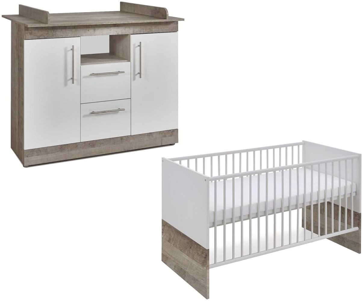 Arthur Berndt 'Selina' Babyzimmer Sparset 2-teilig, Kinderbett (70 x 140 cm) und Wickelkommode mit Wickelaufsatz Platinum Oak / Weiß Bild 1