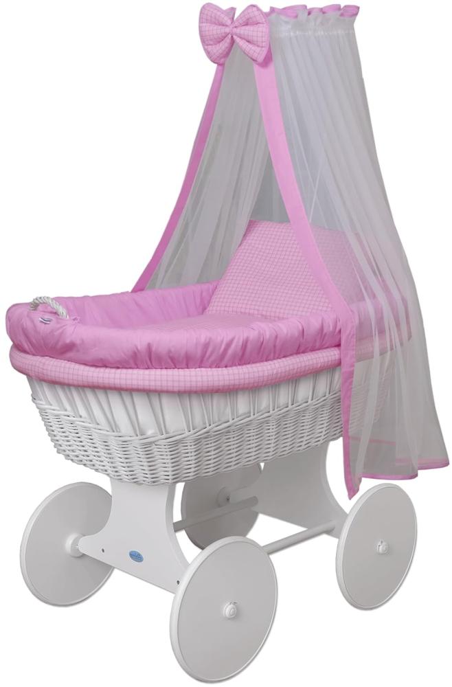 WALDIN Baby Stubenwagen-Set mit Ausstattung, Gestell/Räder weiß lackiert, Ausstattung rosa kariert Bild 1