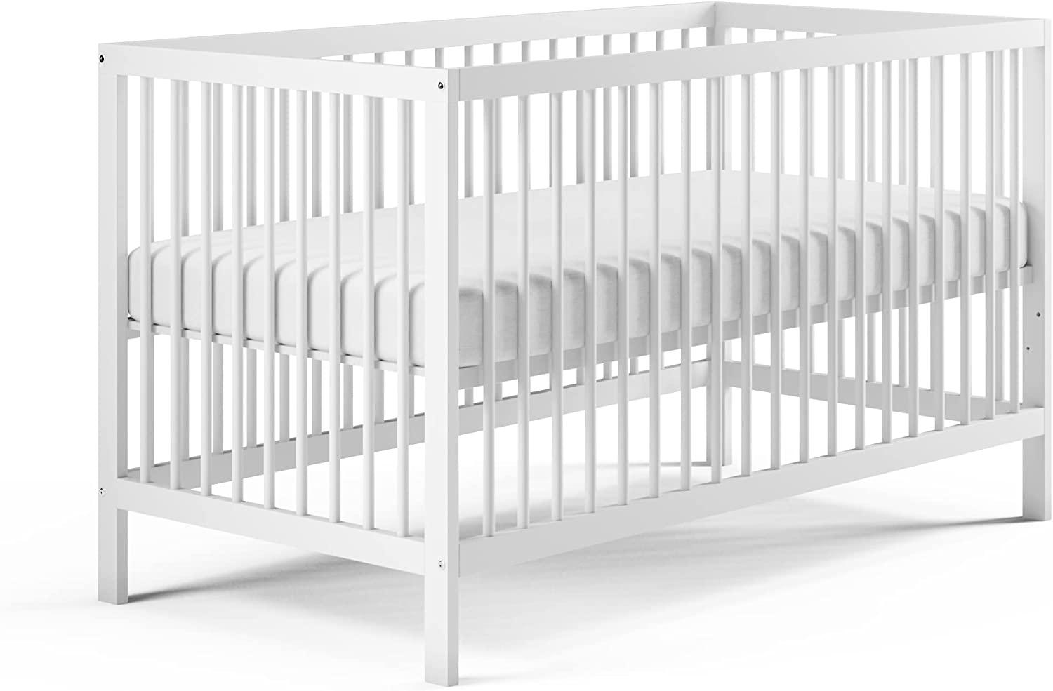 Babybett Kinderbett Gitterbett 60x120 höhenverstellbar & herausnehmbare Sprossen, | Buchenholz weiss sehr stabil Made in Europe Bild 1