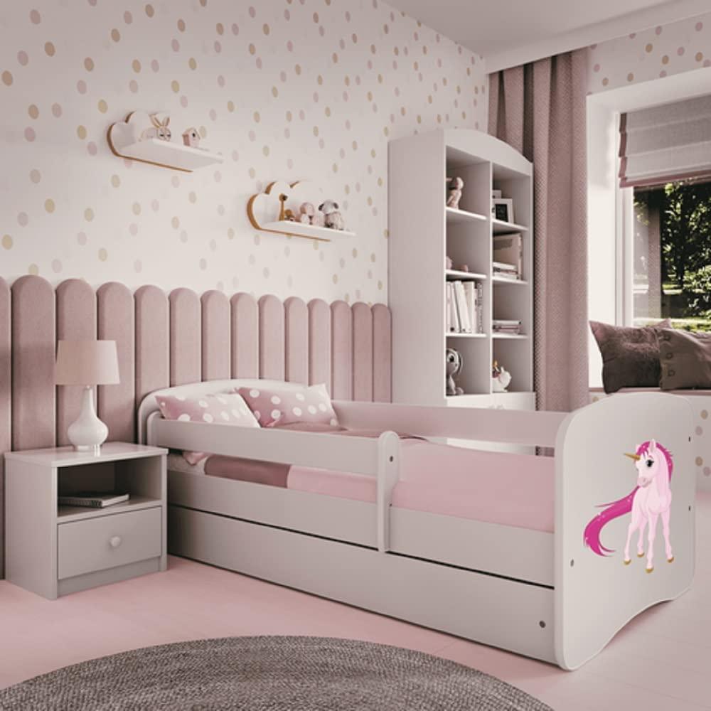 Kinderbett 160x80 mit Matratze, Rausfallschutz, Lattenrost & Schublade in weiß 80 x 160 Mädchen Bett rosa Einhorn Bild 1