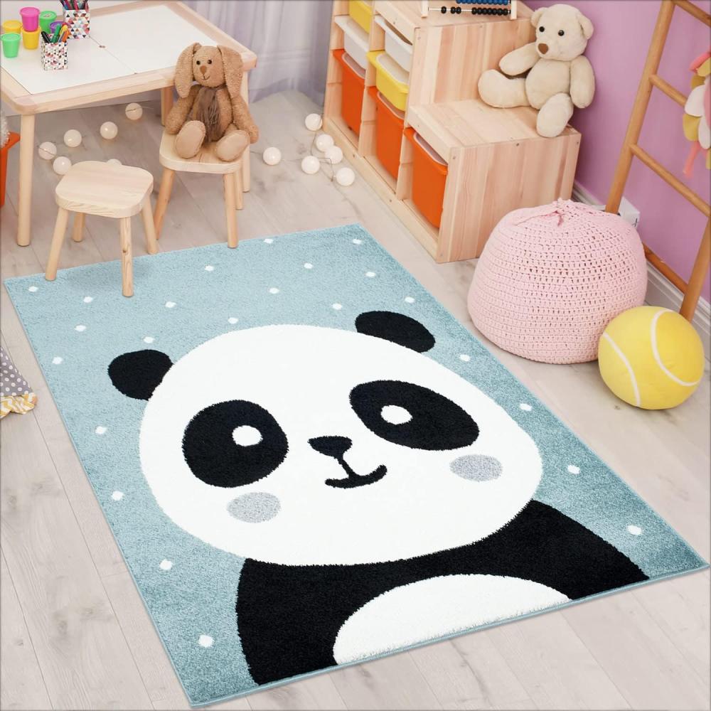 carpet city Kinderzimmer Baby Panda Teppich Blau 120x160 cm Weiße Punkte Flachflor Kinderteppiche Bild 1