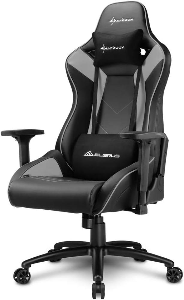Sharkoon Elbrus 3 Premium Gaming Stuhl, mit Kunstlederbezug, Aluminiumfußkreuz, 3-Wege-Armlehnen, Stahlrahmen, Kopf- und Lendenkissen mit Stoffbezug, Grau Bild 1