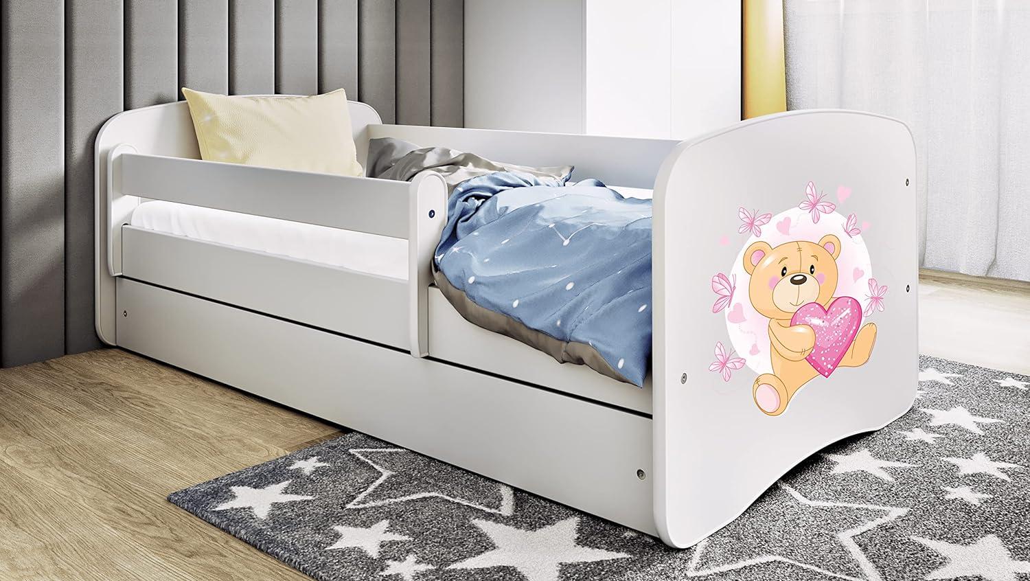 Kocot Kids 'teddybär mit Schmetterlingen' Einzelbett weiß 80x180 cm inkl. Rausfallschutz, Matratze, Schublade und Lattenrost Bild 1