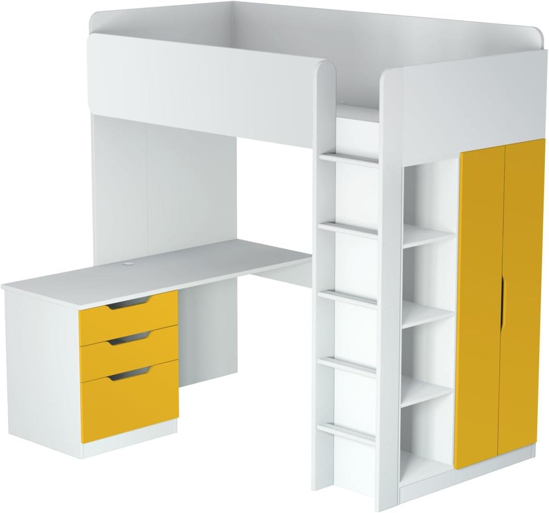 Polini Kids Funktions-Hochbett weiß/gelb, inkl. Kleiderschrank und Schreibtisch Bild 1