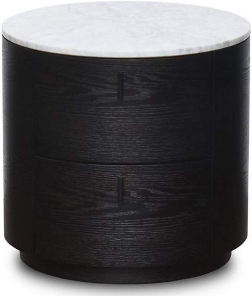 Casa Padrino Luxus Beistelltisch Schwarz / Weiß Ø 48 x H. 46 cm - Runder Holz Tisch mit Marmorplatte und 2 Schubladen Bild 1