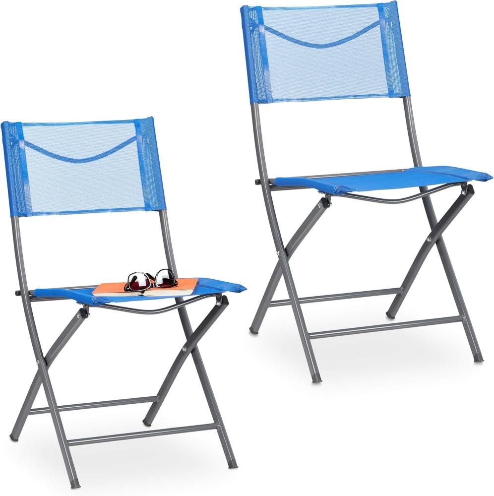 Relaxdays - Gartenstuhl 2er Set, Klappstuhl für Garten, Balkon, Terrasse, Metall Campingstuhl bis 120 kg, wetterfest, blau Bild 1