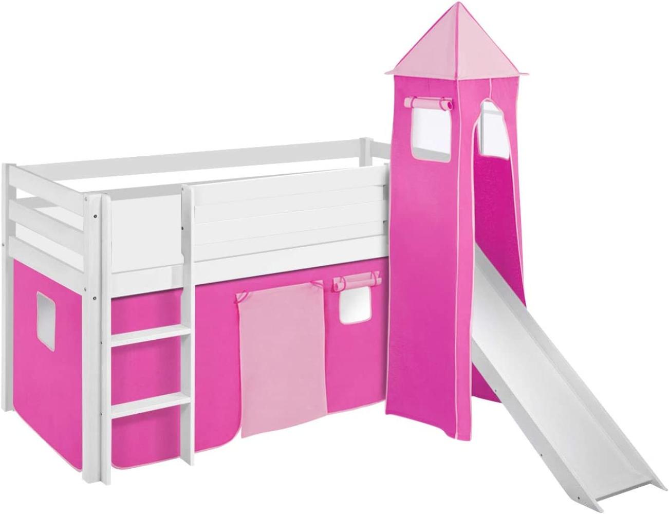 Lilokids 'Jelle' Spielbett 90 x 190 cm, Rosa, Kiefer massiv, mit Turm, Rutsche und Vorhang Bild 1