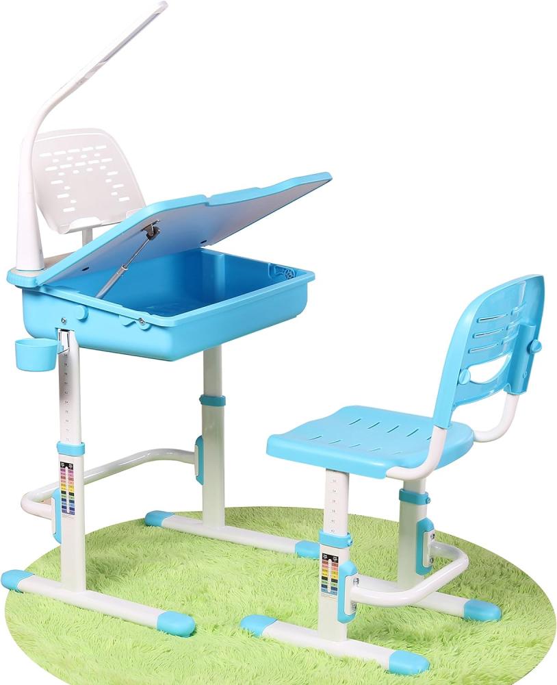 Leomark Ergonomisch SMART Kinderschreibtisch - Blau Farbe -Schreibtisch mit Schublade und Stuhl höhenverstellbar für Kinder + LED Lampe in jedes Kinderzimmer Bild 1