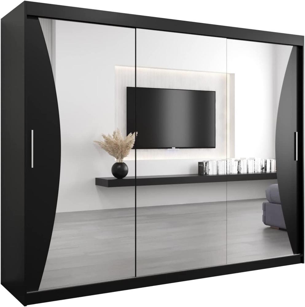 Kryspol Schwebetürenschrank Monaco 250 cm mit Spiegel Kleiderschrank mit Kleiderstange und Einlegeboden Schlafzimmer- Wohnzimmerschrank Schiebetüren Modern Design (Schwarz) Bild 1