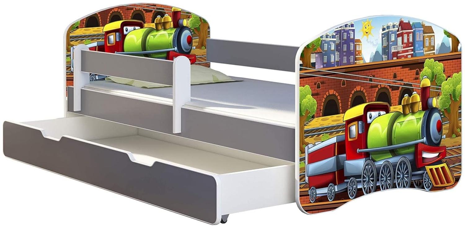 ACMA Kinderbett Jugendbett mit Einer Schublade und Matratze Grau mit Rausfallschutz Lattenrost II (44 Lokomotive, 140x70 + Bettkasten) Bild 1