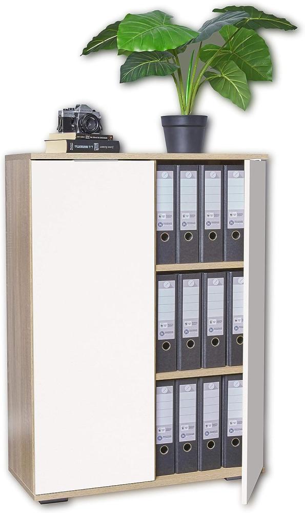 Kommode - Ordnerschrank - Aufbewahrungsschrank ca. B80,2cm x H109,5cm x T35cm - Büroschrank - Aktenschrank klein, Sonoma-Eiche/Weiß [Optimal Für Schwere Ordner] Büromöbel Bild 1