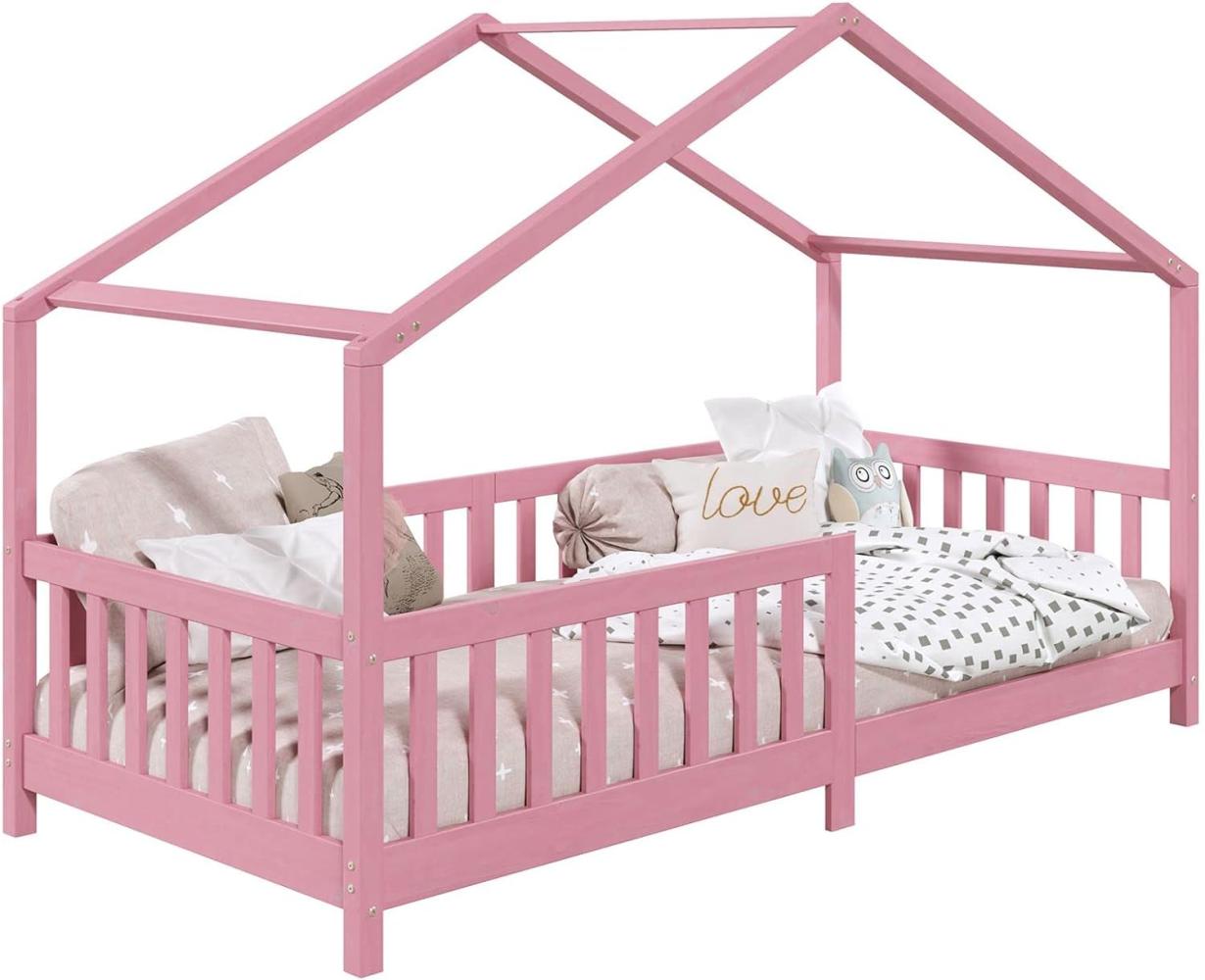 IDIMEX Hausbett LISAN aus massiver Kiefer in rosa, schönes Montessori Bett in 90 x 200 cm, stabiles Indianerbett mit Rausfallschutz und Dach Bild 1