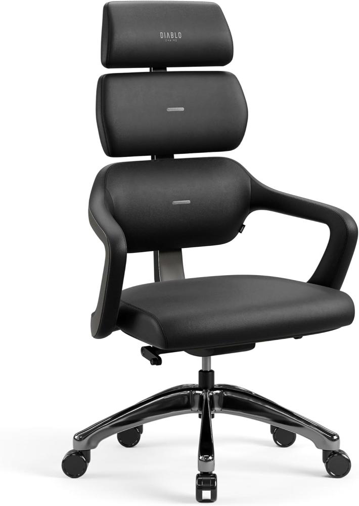 Diablo Bürostuhl Ergonomisch V-Modular | Schreibtischstuhl mit Verstellbarer Rücken, Sitz und Rückenlehne, Abnehmbare Kopfstütze | Öko-Leder Chefsessel für Büro, Home Office | Schwarz Bild 1