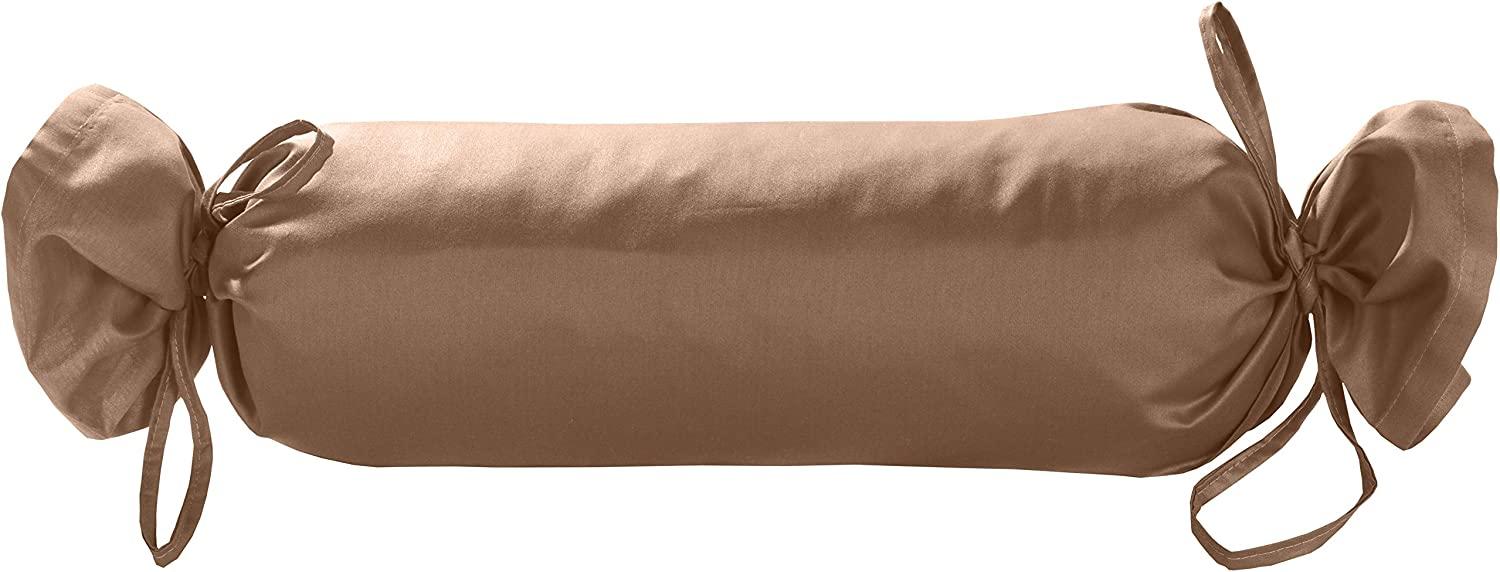 Mako Satin / Baumwollsatin Nackenrollen Bezug uni / einfarbig hellbraun 15x40 cm mit Bändern Bild 1