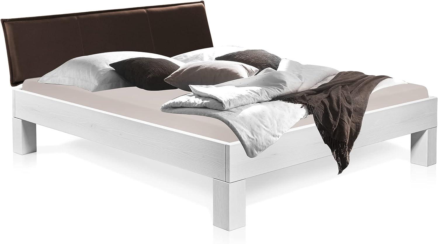 Möbel-Eins LUKY 4-Fuß-Bett mit Polster-Kopfteil, Material Massivholz, Fichte massiv weiss 140 x 220 cm Kunstleder Braun Bild 1