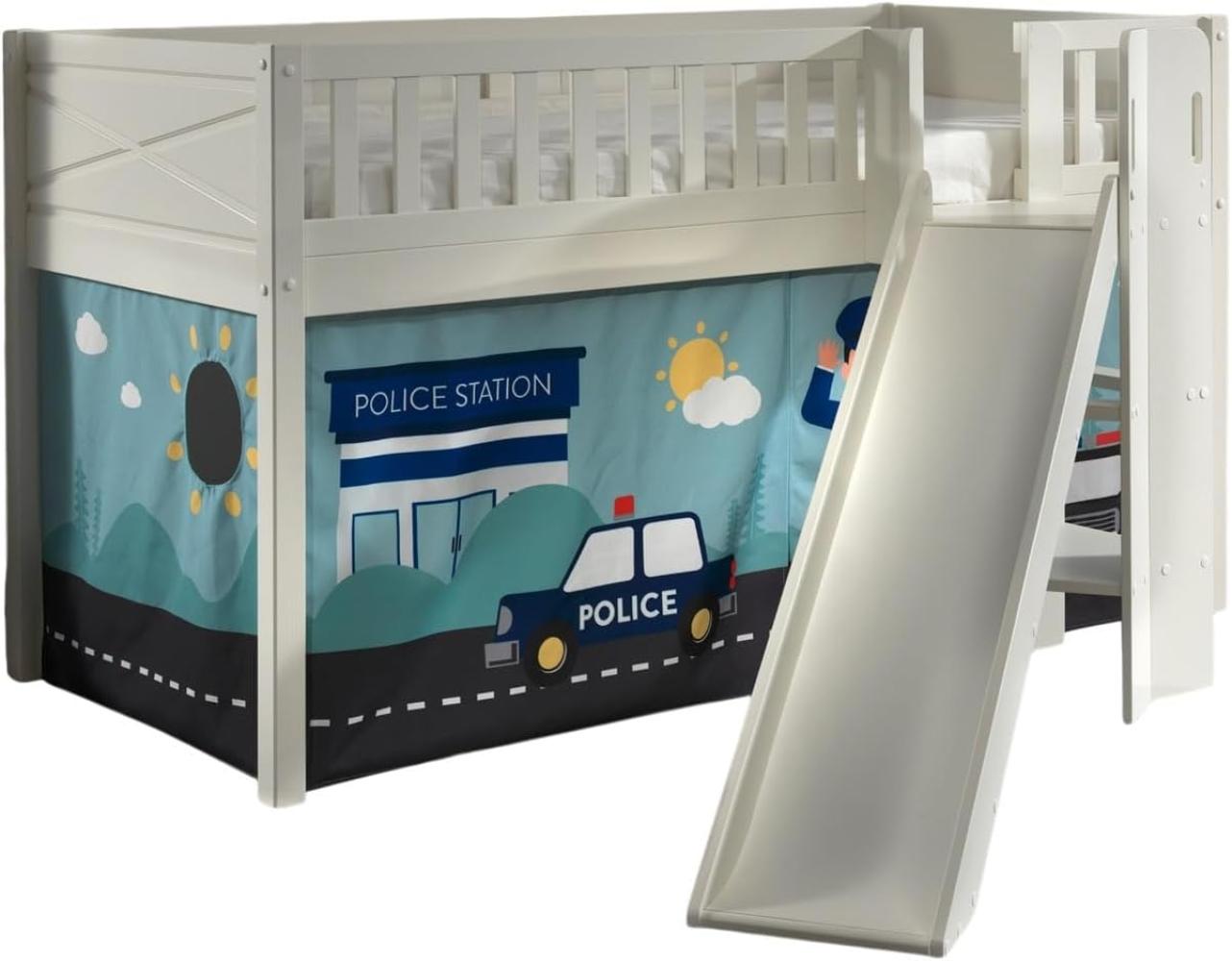 SCOTT Spielbett mit Rolllattenrost, Rutsche, Leiter und Textilset "Police", weiß lackiert, LF 90 x 200 cm Bild 1