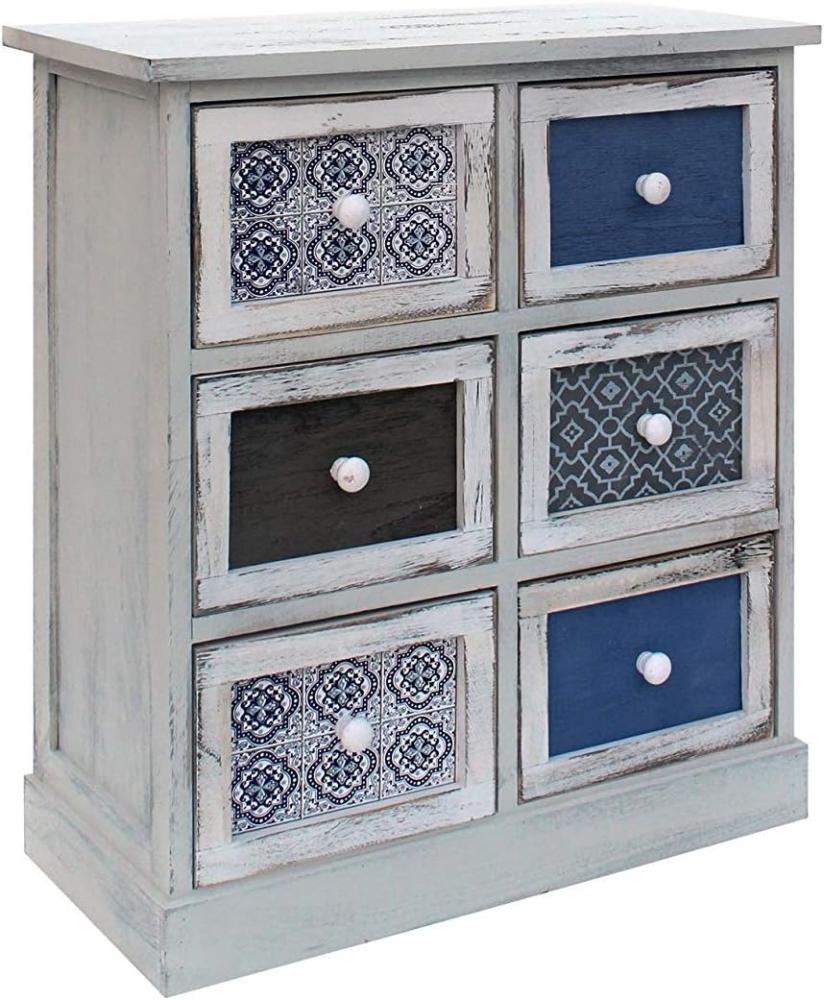 Rebecca Mobili Kommode Schuladenschrank Weiß Grau Hellblau Holz 6 Schubladen Shabby Küche - 59,5 x 55,5 x 25 cm (H x B x T) - Art. RE6083 Bild 1