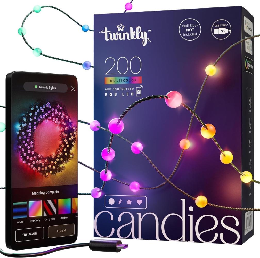 Twinkly Candies Stringa Luminosa A Forma di Perla con 200 LED RGB. 12 Metri. Filo Verde. Controllata da App. Alimentazione USB-C. Decorazione Luminosa Intelligente per Interni Bild 1