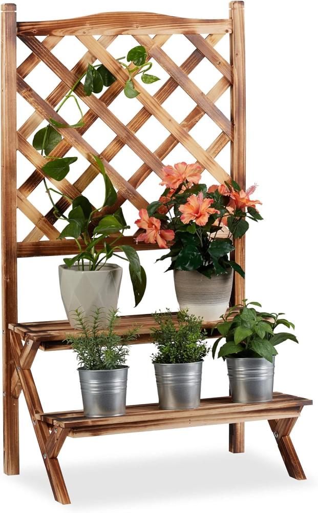 Relaxdays Blumentreppe mit Rankgitter, Blumenregal 2 Ebenen, stehende Pflanzentreppe Holz, HBT: 109x61x40 cm, gebrannt Bild 1