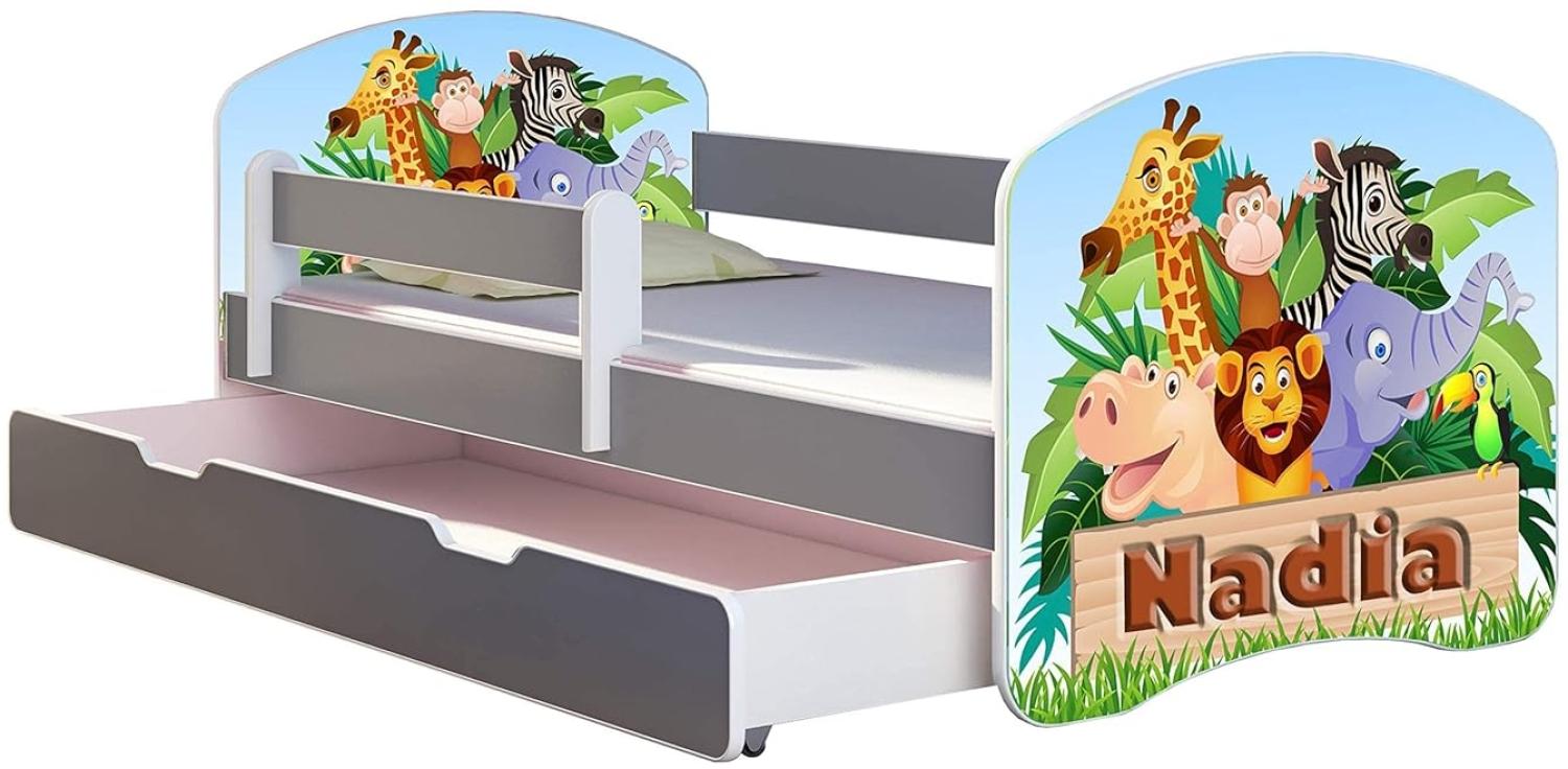 ACMA Kinderbett Jugendbett mit Einer Schublade und Matratze Grau mit Rausfallschutz Lattenrost II (02 Animals name, 140x70 + Bettkasten) Bild 1