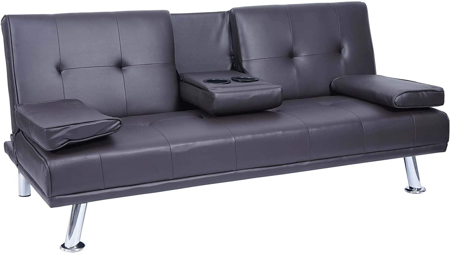 3er-Sofa HWC-F60, Couch Schlafsofa Gästebett, Tassenhalter verstellbar 97x166cm ~ Kunstleder, braun Bild 1