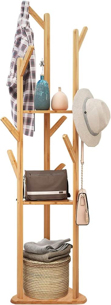 UNHO Bambus Kleiderständer Garderobenständer in Baumform mit 8 Haken/3 Ablagen Standgarderobe für Flur Büro Schlafzimmer Wartezimmer,für Kleidung Hüte Tasche Bild 1