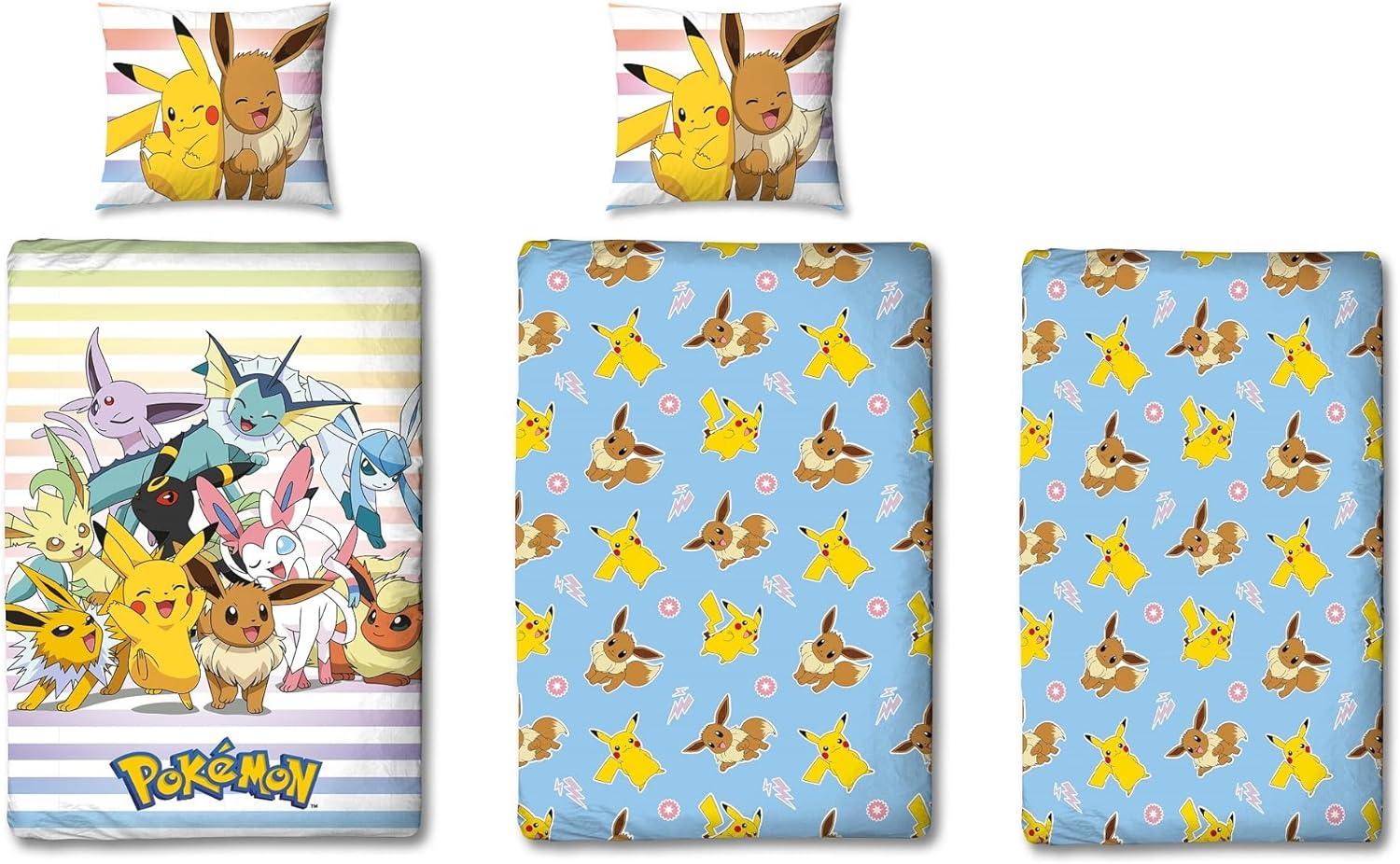 Pokemon Bettwäsche Set 3-teilig mit Spannbettlaken 135x200 80x80 cm buntes Motiv mit Pikachu & Friends aus 100% Baumwolle Bild 1