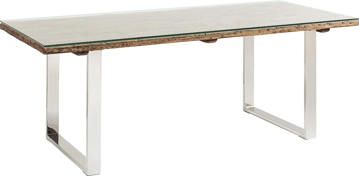 Kare Design Tisch 200x90cm, massiver Esstisch mit rustikaler Tischplatte und aufliegender Glasplatte, Kufen in Chromoptik, moderner Esszimmertisch, Massivholztisch, (H/B/T) 76x200x90cm Bild 1