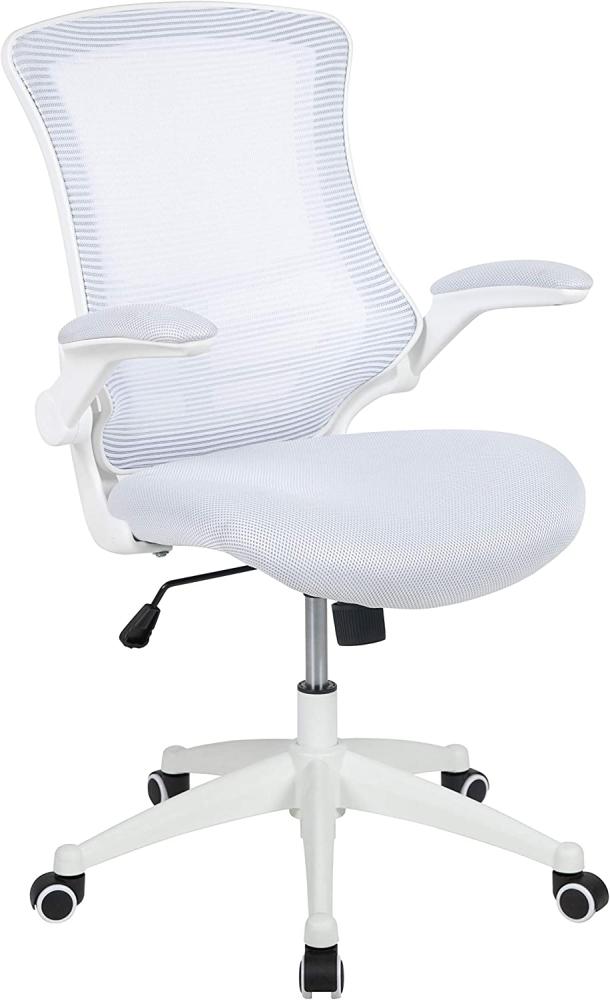 Flash Furniture Bürostuhl mit mittelhoher Rückenlehne – Ergonomischer Schreibtischstuhl mit hochklappbaren Armlehnen und Netzstoff – Perfekt für Home Office oder Büro – Weiß Bild 1