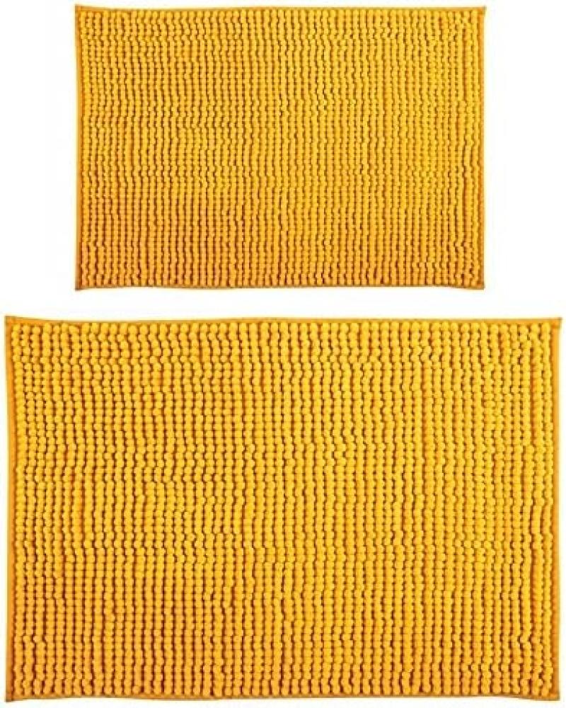 MSV Badteppich 2er Set Badvorleger Duschvorleger Chenille Hochflor Badematte 40x60 cm + 60 x 90 cm – Gelb Bild 1