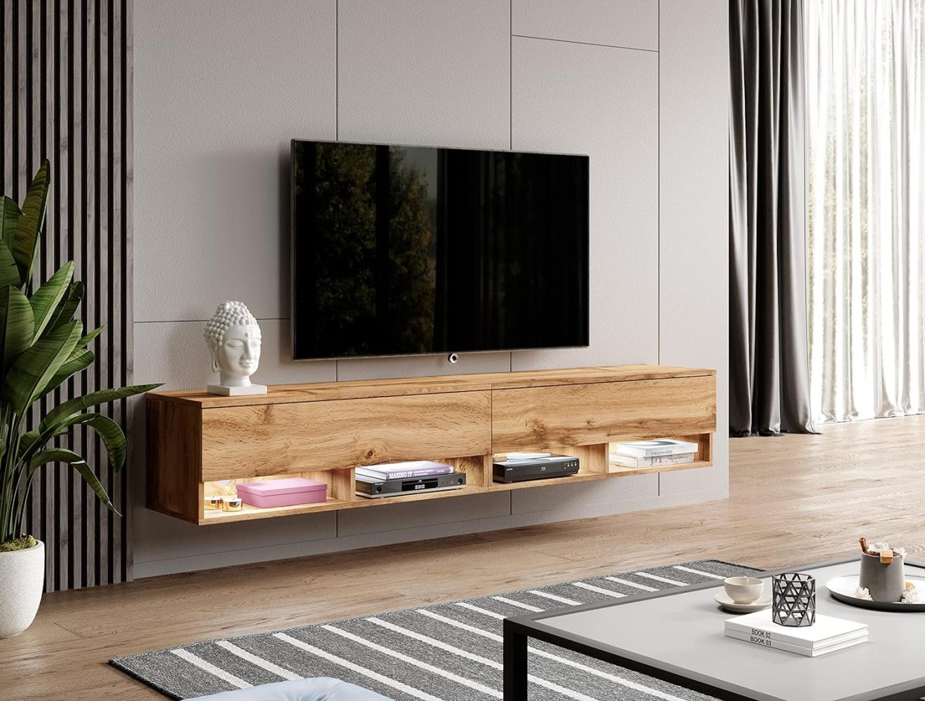 Furnix TV Lowboard Alyx Fernsehschrank Kommode B200 x H34 x T32 cm - ohne LED-Beleuchtung, TV-Schrank Sideboard 4 Fächer mit Tür „Push-Click“, 4 offene Ablagen unten, Wandmontage möglich (2x100) Bild 1