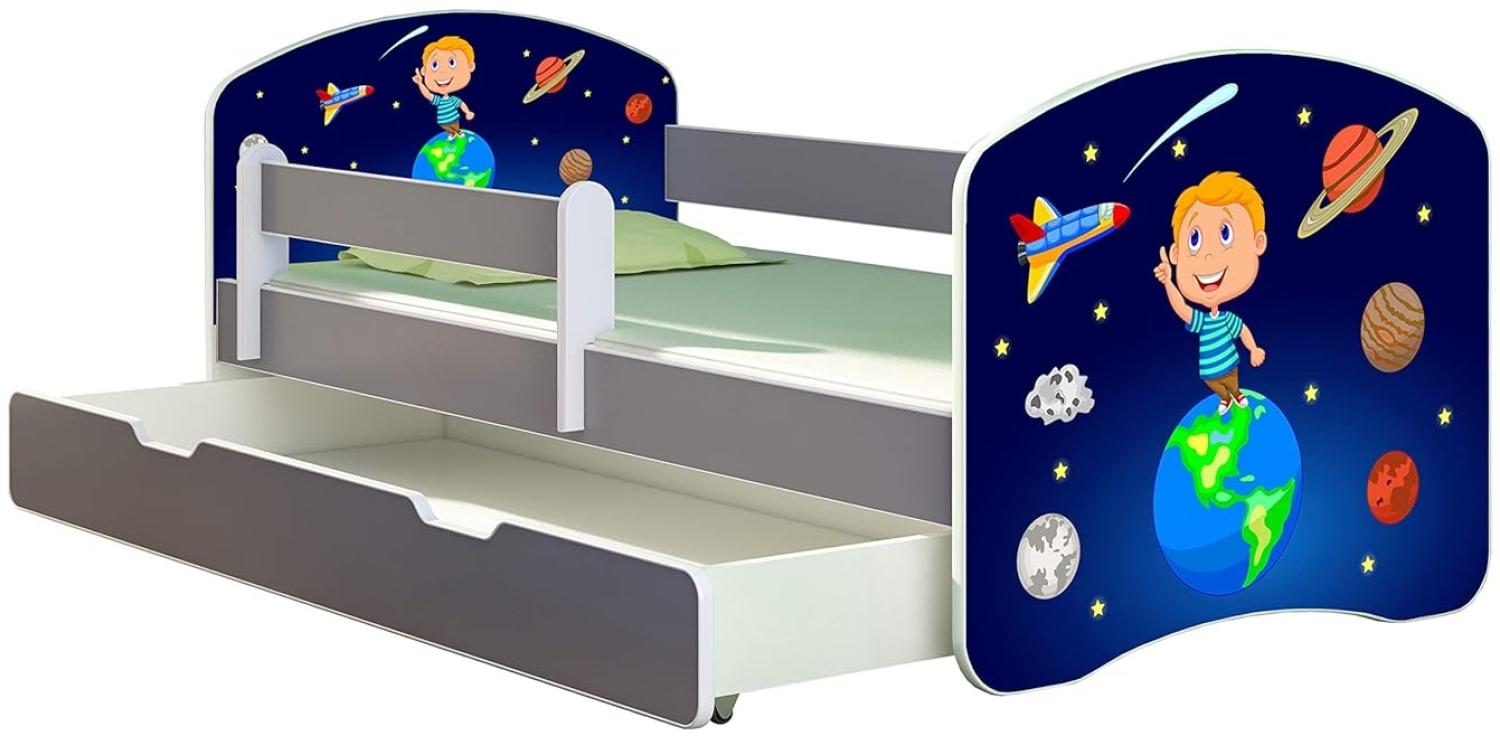 ACMA Kinderbett Jugendbett mit Einer Schublade und Matratze Grau mit Rausfallschutz Lattenrost II (22 Kosmos, 140x70 + Bettkasten) Bild 1