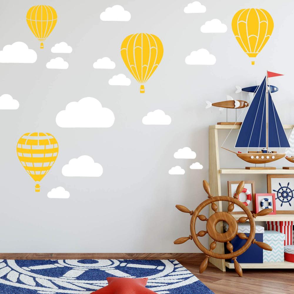 Heißluftballon & Wolken Aufkleber Wandtattoo Himmel | Wandbild 6x DIN A4 Bögen | Sticker Kinder Kinderzimmer Deko Ballons (Gelb) Bild 1