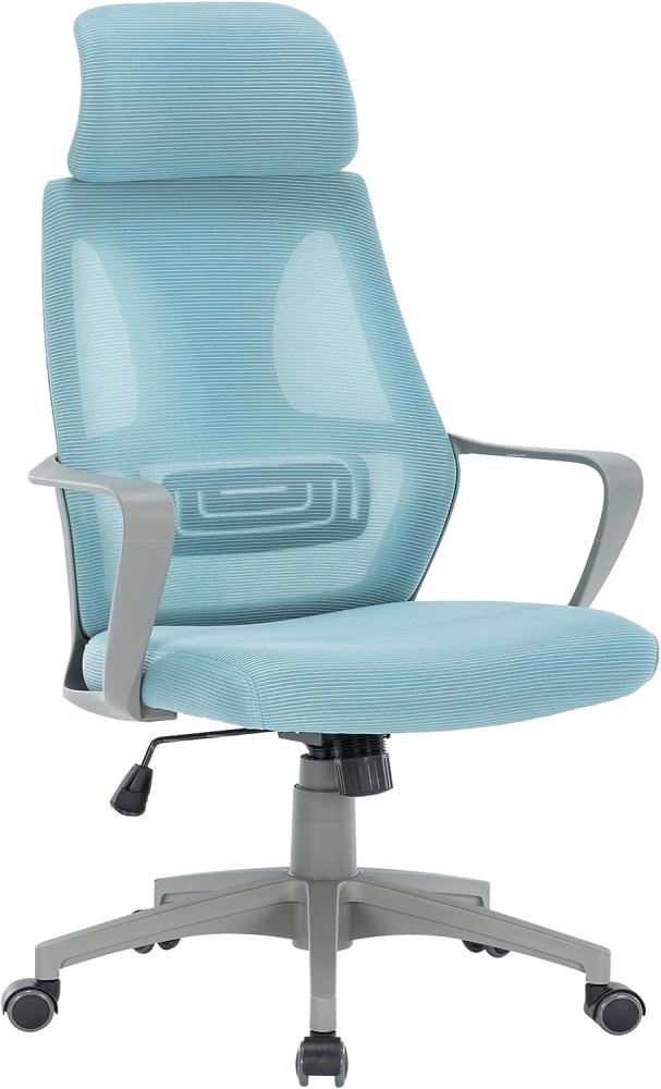 Bürostuhl mit Lordosenstütze im Netzstoff-Design Schreibtischstuhl mit Wippfunktion ergonomischer Drehstuhl mit einer verstellbaren atmungsaktiven Rückenlehne Grau/Blau Bild 1