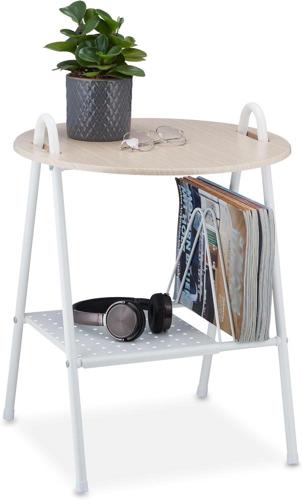 Relaxdays Beistelltisch mit Zeitungsständer, Metall, MDF, Tischplatte in Holzoptik, Beitisch HBT 55x45x45 cm, weiß/natur Bild 1