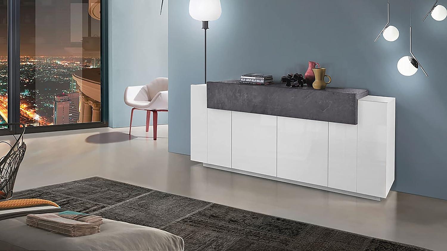 Dmora Modernes 5-türiges Sideboard, Made in Italy, Küchen-Sideboard, Wohnzimmer-Design-Buffet, cm 200x45h86, Farbe Weiß glänzend und Aschgrau Bild 1