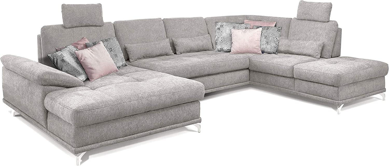 Cavadore Wohnlandschaft Castiel mit Federkern / Großes Schlafsofa in U-Form mit Bett, Sitztiefenverstellung und Kopfstützen / 368 x 114 x 232 / Webstoff, Hellgrau Bild 1