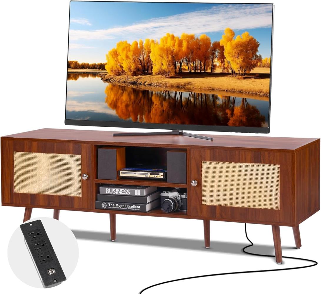 VEVOR Rattan-TV-Ständer, moderner TV-Schrank für 165 cm Fernseher, Boho-Rattan-Ferhsehschrank mit eingebauter Steckdose & USB-Anschlüssen, verstellbare Regale für Wohnzimmer, Medienraum, Walnuss Bild 1