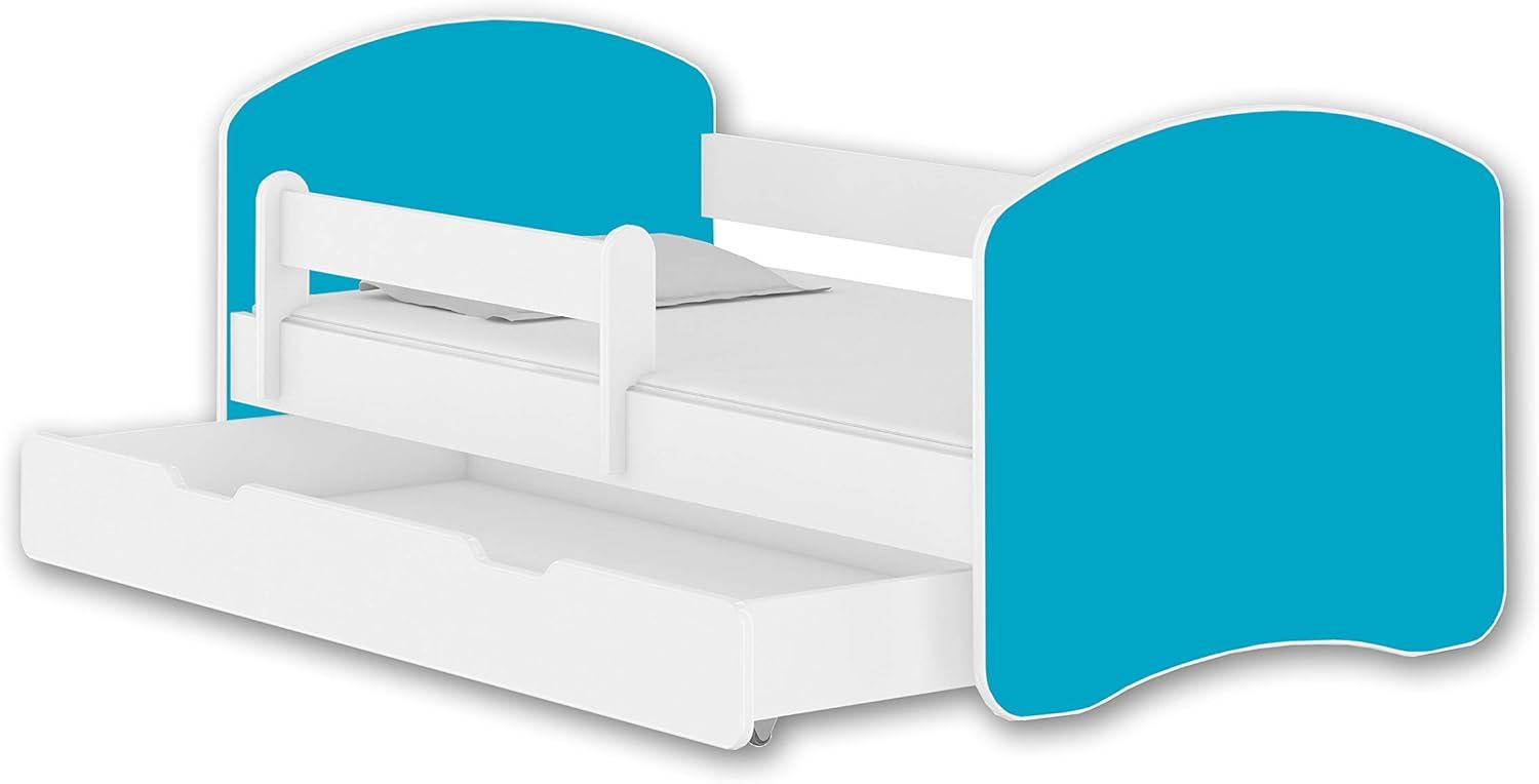 Jugendbett Kinderbett mit einer Schublade mit Rausfallschutz und Matratze Weiß ACMA II 140 160 180 (140x70 cm + Schublade, Weiß - Blau) Bild 1