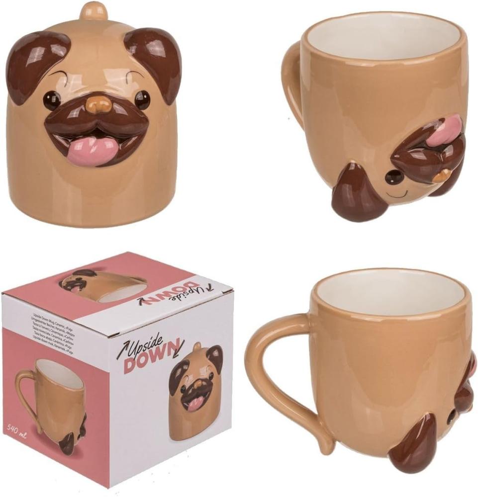 Kaffeetasse Mops ca. 12 x 14 cm drehbar 540ml Kopfüber Tasse mit Hundemotiv Bild 1