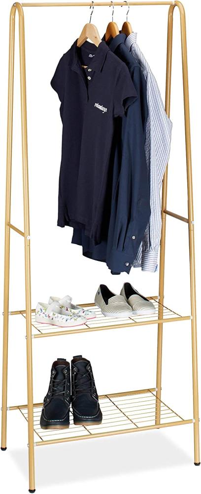 Relaxdays Kleiderständer SANDRA mit 2 Ablagen, Metall, Garderobenständer, mit Kleiderstange HBT: 160 x 61,5 x 38 cm, honigbraun Bild 1