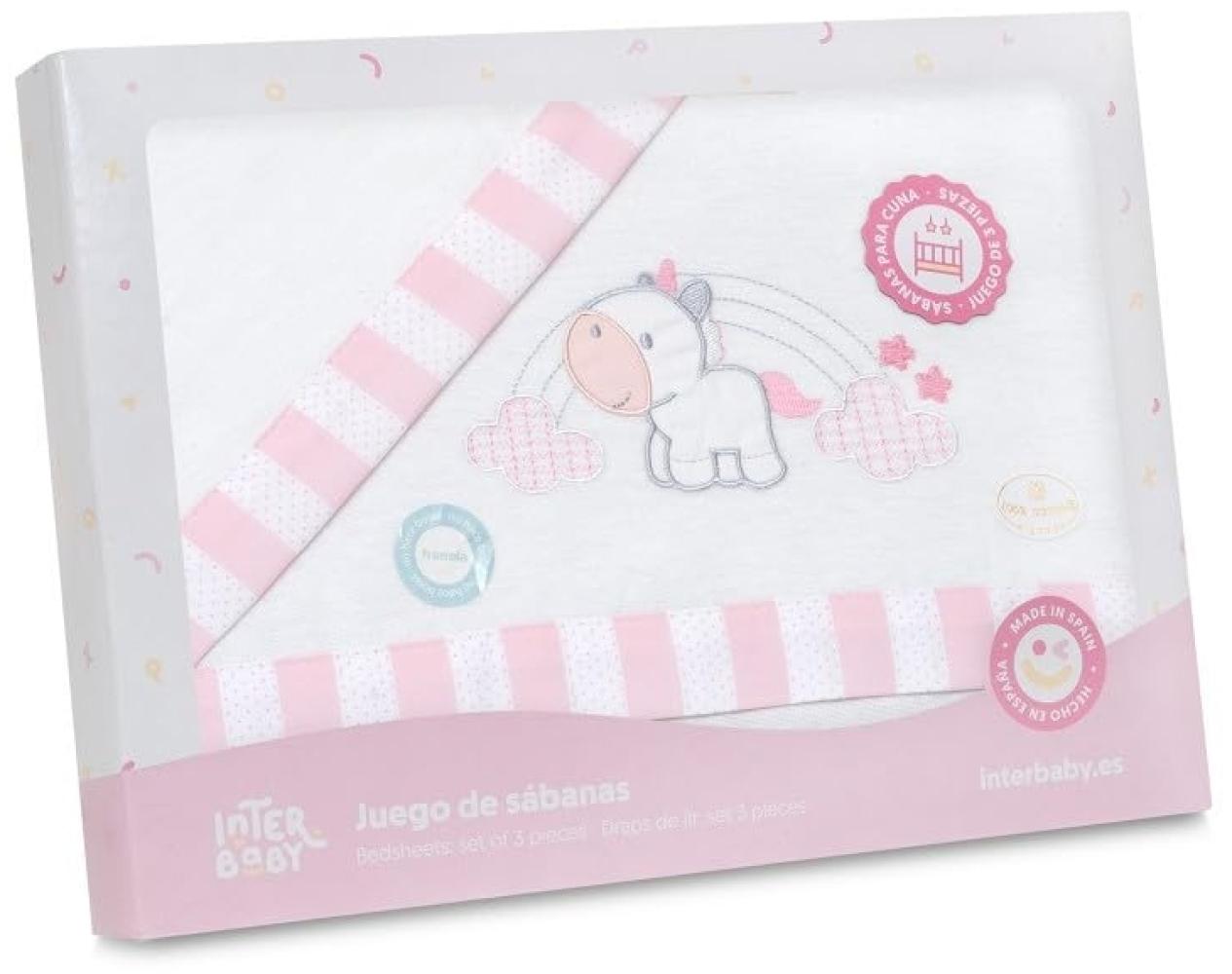 INTERBABY · Flanell Bettlaken-Set für Babybett, Unicornio Nubes" weiß rosa · 100% Baumwolle · 3- Teilig Winter -Bettwäsche-Set für Babywiege Bild 1